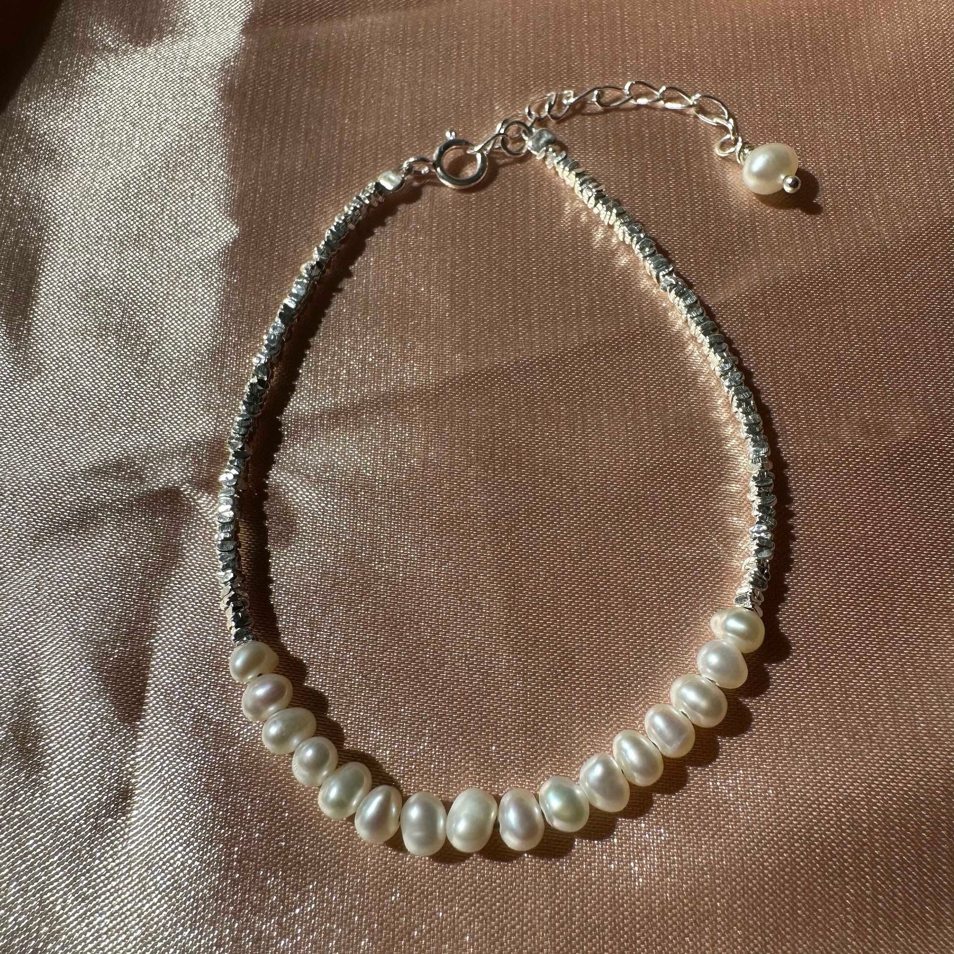 Sterling Silver Beaded Bracelet Bridal Pearl Beaded Bracelet Dainty Chain bracelet