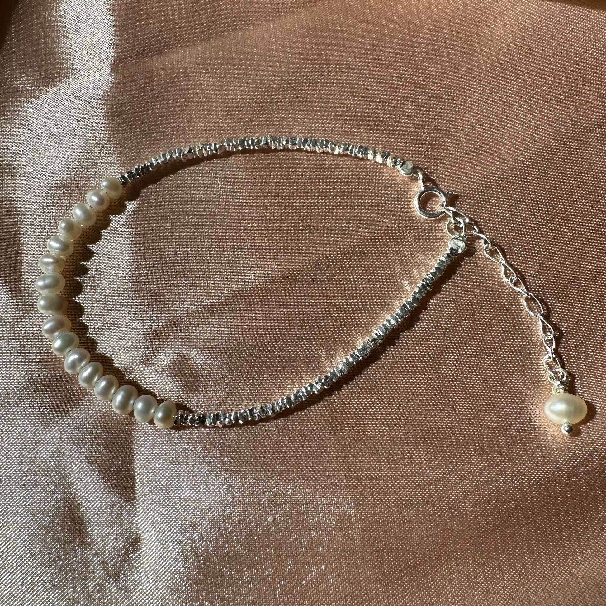 Sterling Silver Beaded Bracelet Bridal Pearl Beaded Bracelet Dainty Chain bracelet