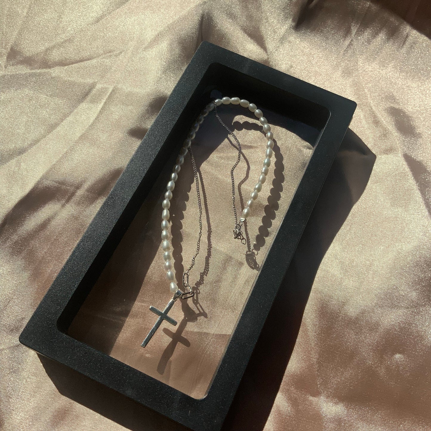 Cross Pendant Sterling Silver Pendant Necklace Gift For Her Curb Chain half beaded pearl Necklace