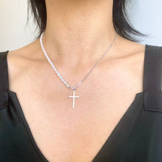 Cross Pendant Sterling Silver Pendant Necklace Gift For Her Curb Chain half beaded pearl Necklace