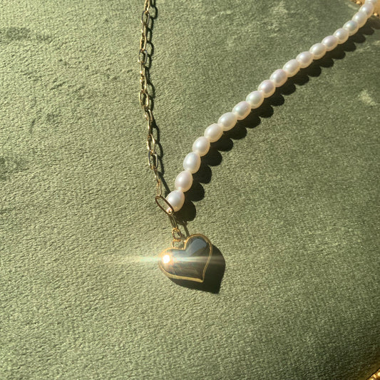 Heart Pendant 18K Gold Fill Pendant Necklace Gift For Her Paperclip Chain half beaded pearl Necklace