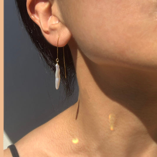 Sterling silver Biwa stick pearl threader earrings