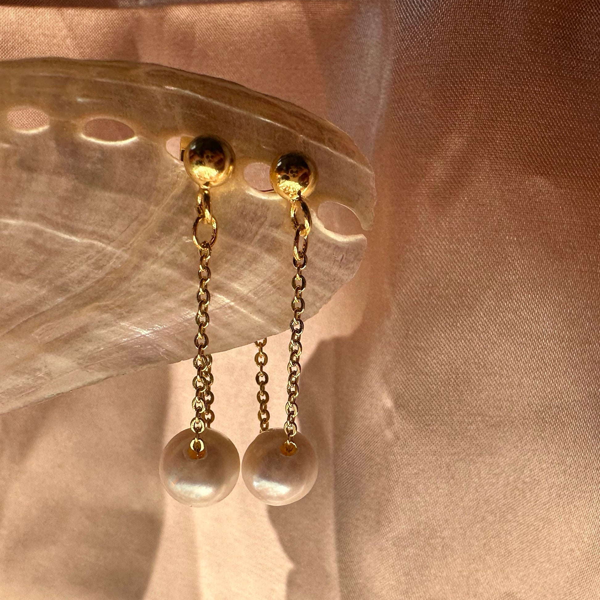 Sterling Silver Drifting Pearl Earrings Gold Plated Chain Gift for her