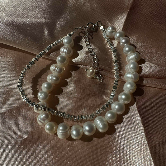 Sterling Silver Beaded Bracelet Bridal Pearl Beaded Bracelet Double Chain bracelet