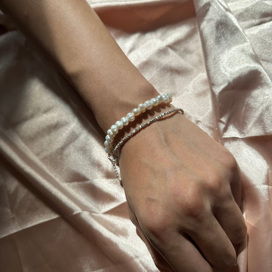 Sterling Silver Beaded Bracelet Bridal Pearl Beaded Bracelet Double Chain bracelet