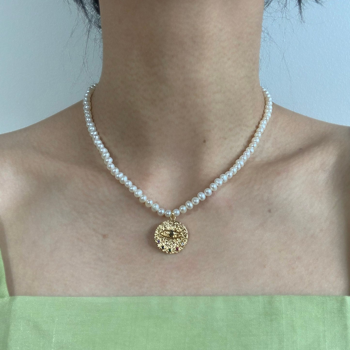 Evil Eye Pendant 18K Gold Plated Pendant Necklace Fully Beaded Pearl Necklace Gift For Her