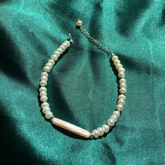 Sterling Silver Beaded Bracelet Bridal Pearl Beaded Bracelet Biwa Stick Pearl bracelet