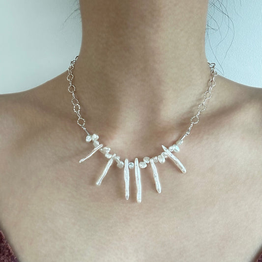 Designer Biwa Stick Pearl Statement Necklace Sterling Silver O Link Necklace Gift For Her Spike Baroque Pearl Link Necklace