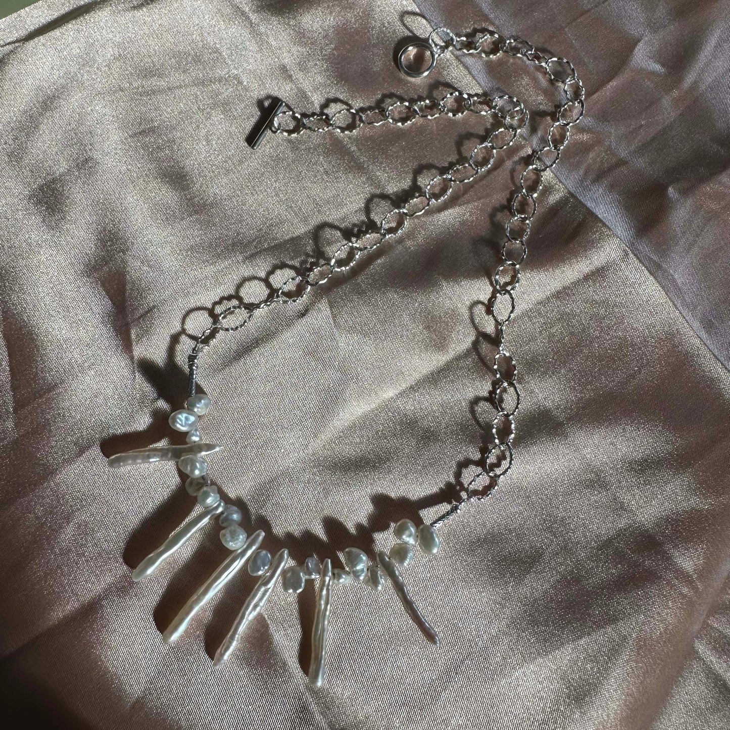 Designer Biwa Stick Pearl Statement Necklace Sterling Silver O Link Necklace Gift For Her Spike Baroque Pearl Link Necklace