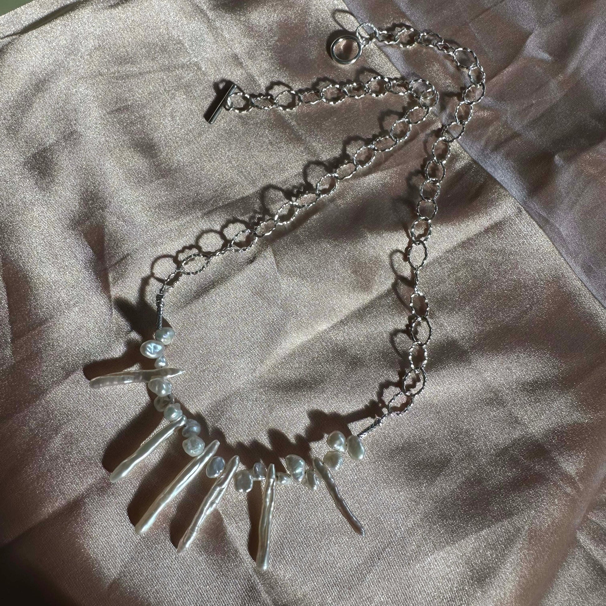 Designer Biwa Stick Pearl Statement Necklace Sterling Silver O Link Necklace Gift For Her Spike Baroque Pearl Link Necklace