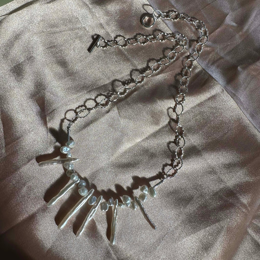 Designer Biwa Stick Pearl Statement Necklace Sterling Silver O Link Necklace Gift For Her Spike Baroque Pearl Link Necklace