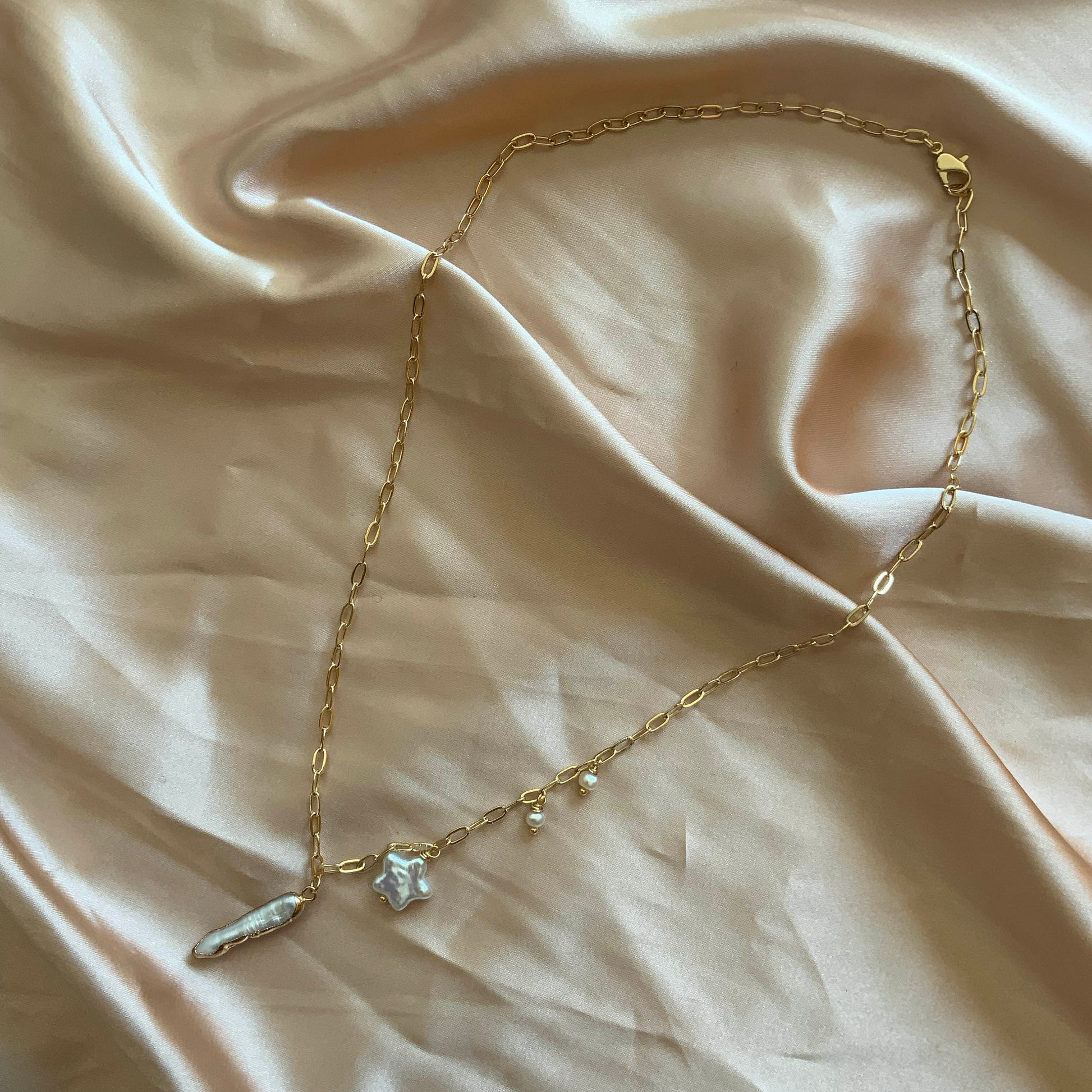 Star Biwa Stick Pearl Pendant Chain Necklace