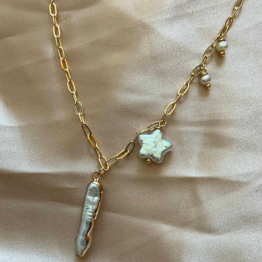 Star Biwa Stick Pearl Pendant Chain Necklace