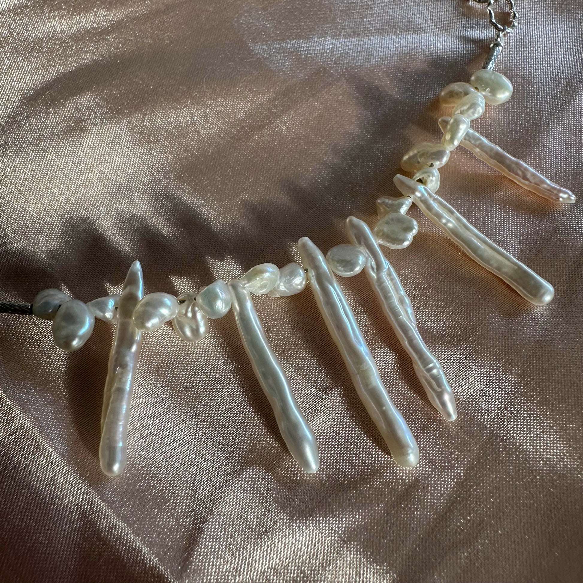 Designer Biwa Stick Pearl Statement Necklace Sterling Silver O Link Necklace Gift For Her Spike Baroque Pearl Link Necklace