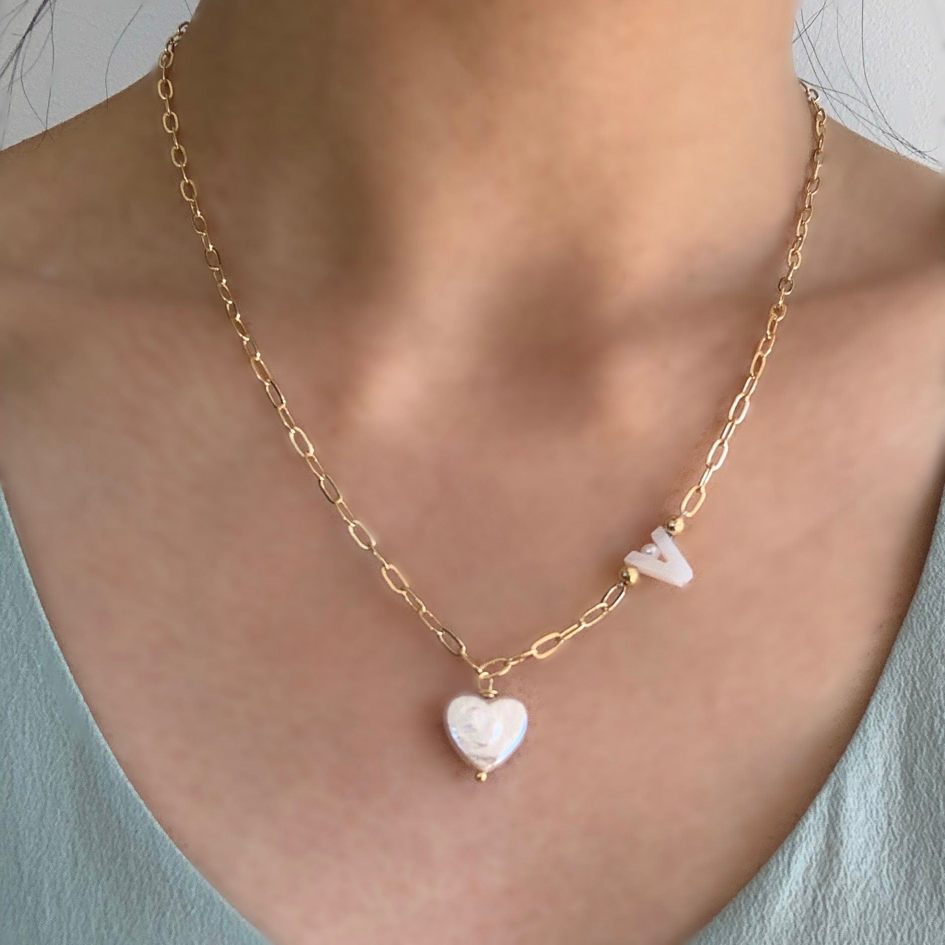 Heart Pearl Letter Necklace - Personalized Gift