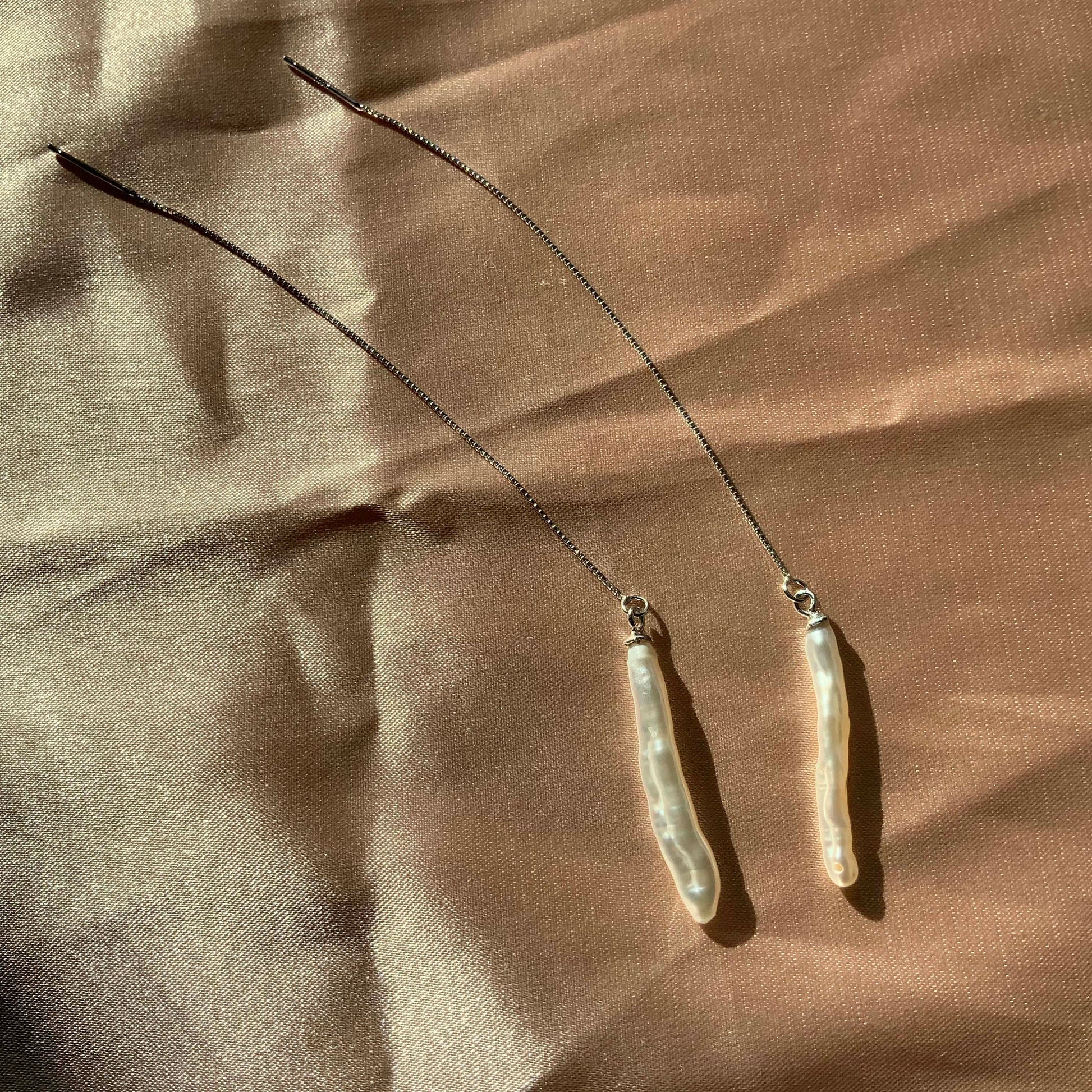 Sterling silver Biwa stick pearl threader earrings