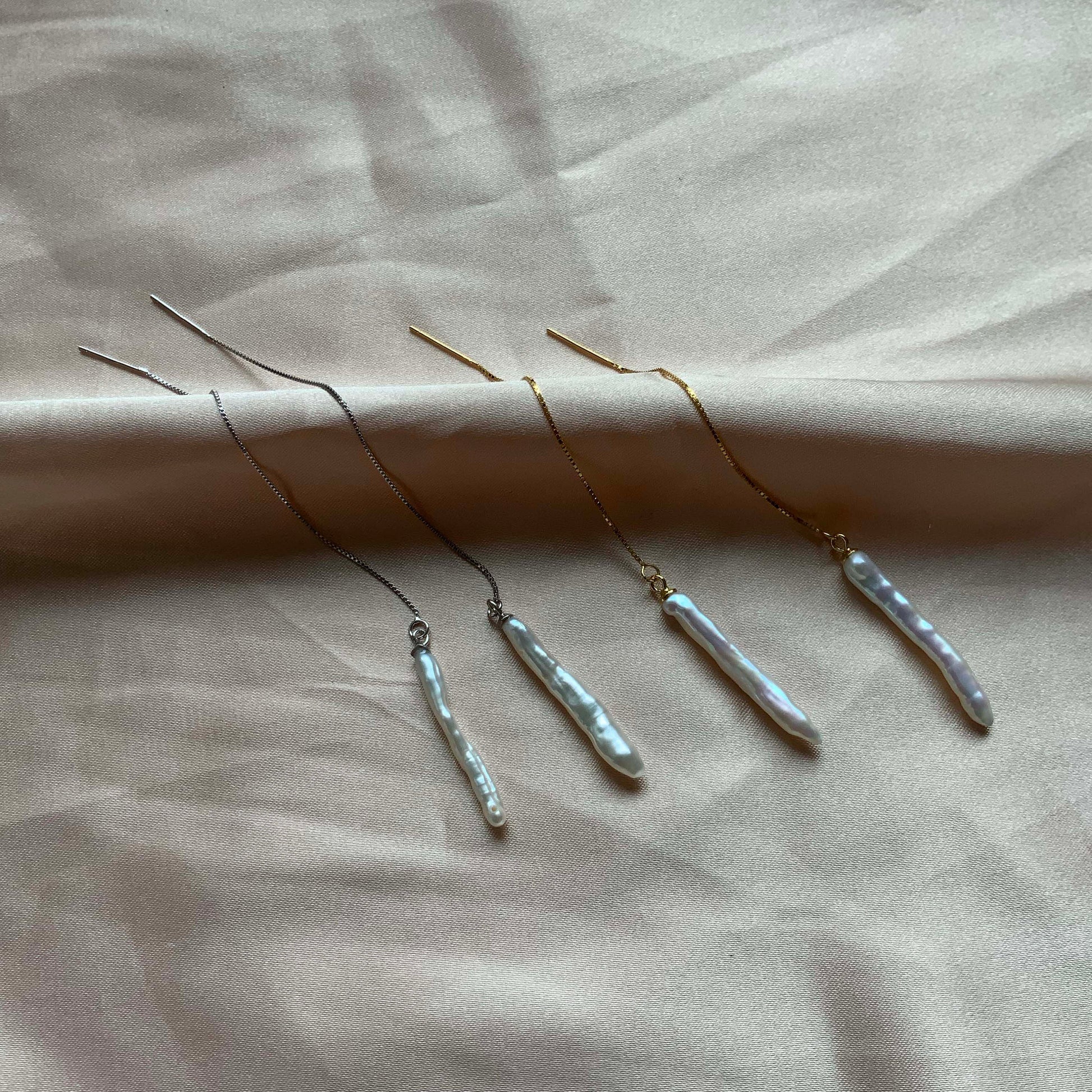 Sterling silver Biwa stick pearl threader earrings