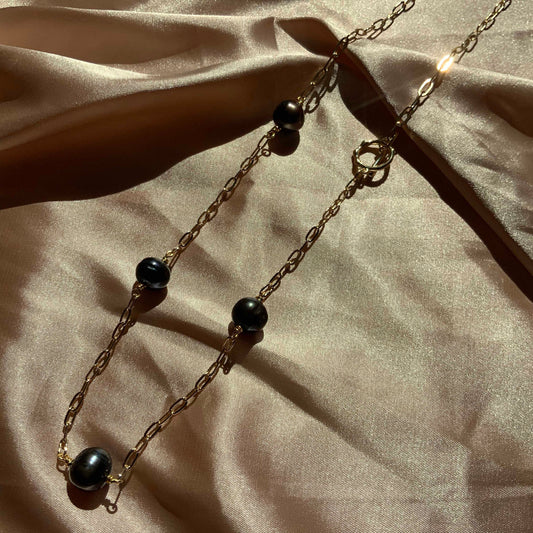 Stationed Black Pearl Necklace Gold Paperclip Chain
