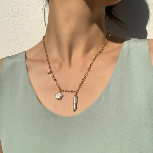 Star Biwa Stick Pearl Pendant Chain Necklace