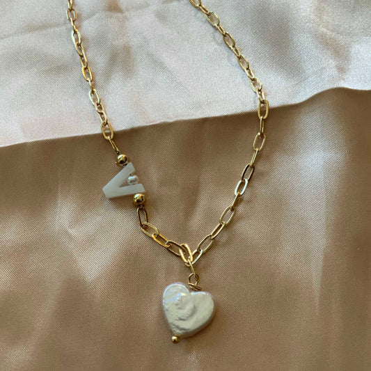 Heart Pearl Letter Necklace - Personalized Gift