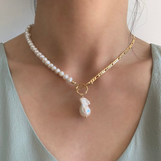 Flame Ball Pearl Gold Fill Necklace Gift For Her Figaro Necklace Beaded Pearl Necklace