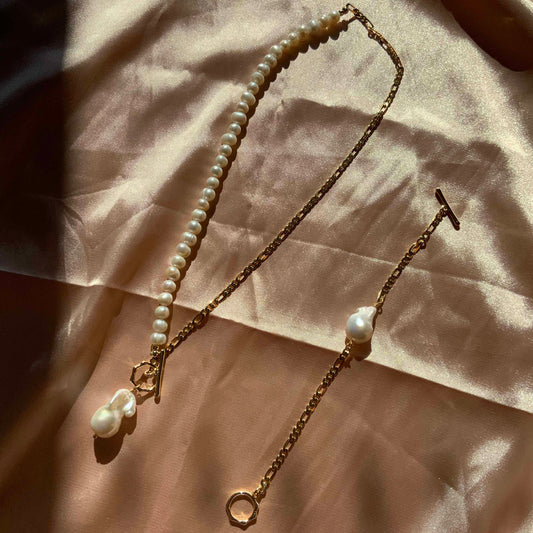 Flame Ball Pearl Gold Fill Necklace Gift For Her Figaro Necklace Beaded Pearl Necklace