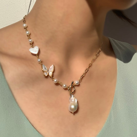 Freshwater Baroque Pearl Pendant Necklace Butterfly Love Heart Necklace Gift for her