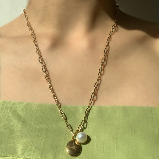Star Burst Pendant Pearl Charm Necklace