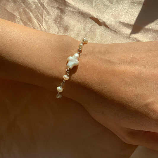 Natural Cross Pearl Sterling Silver Bracelet Handcraft Wirework Gift For Her