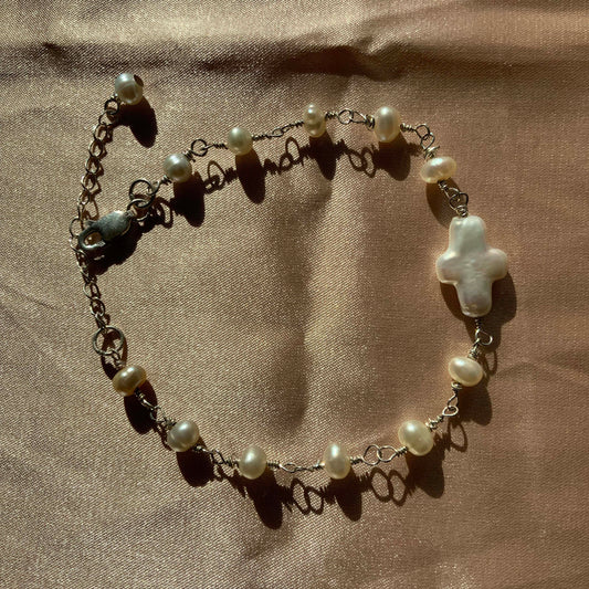 Natural Cross Pearl Sterling Silver Bracelet Handcraft Wirework Gift For Her