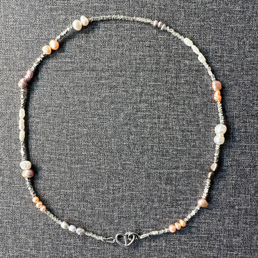 Heart clasp Sterling Silver strand necklace Gift For Her multicolor beaded freshwater pearl Necklace