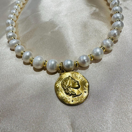 Nature Freshwater Pearl Necklace With Roman Coin Pendant Gift for her