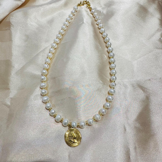 Nature Freshwater Pearl Necklace With Roman Coin Pendant Gift for her